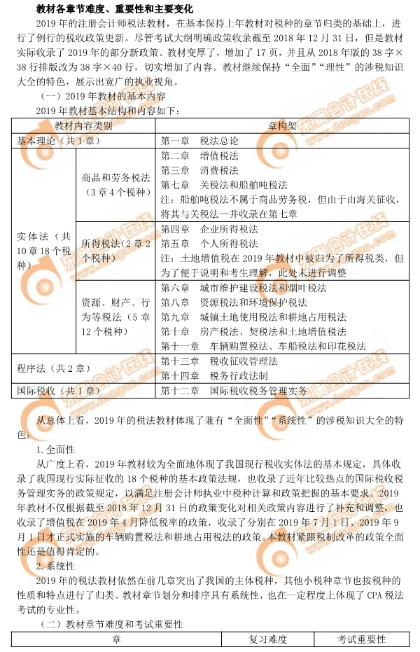 2019年注會稅法教材各章節(jié)難度、重要性和主要變化