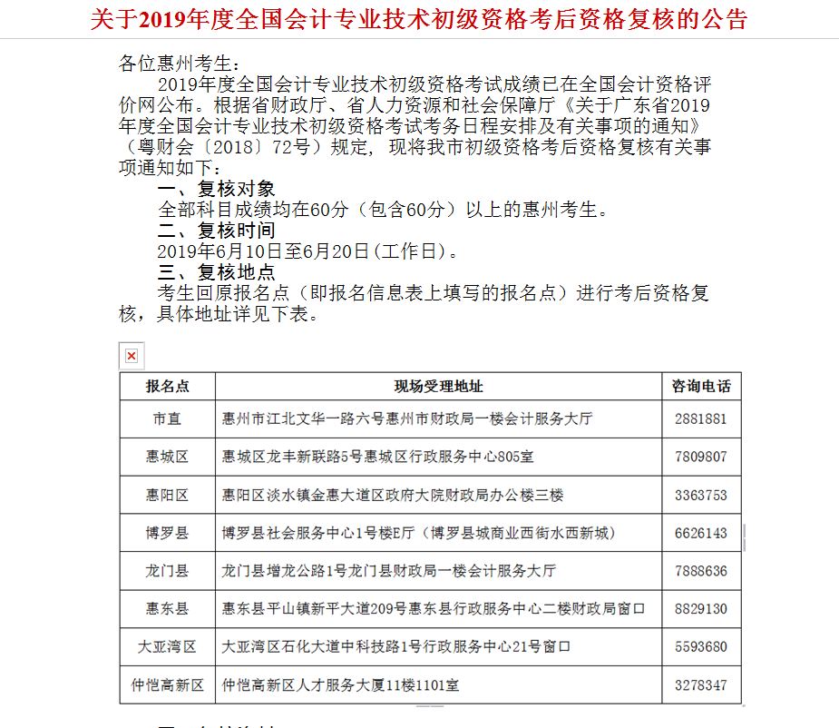 2019年惠州市初級(jí)會(huì)計(jì)考后資格審核通知
