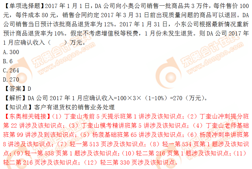 2018年稅務(wù)師《財(cái)務(wù)與會計(jì)》單選題：退貨的銷售業(yè)務(wù)處理