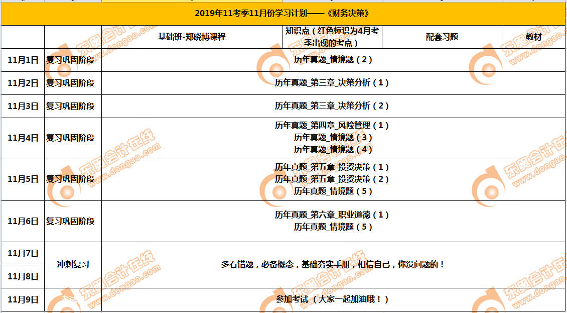 2019年11月份《財(cái)務(wù)決策》學(xué)習(xí)日歷