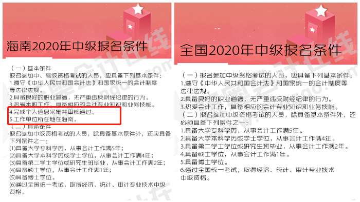 一、海南VS全國2020年中級會計報名條件對比