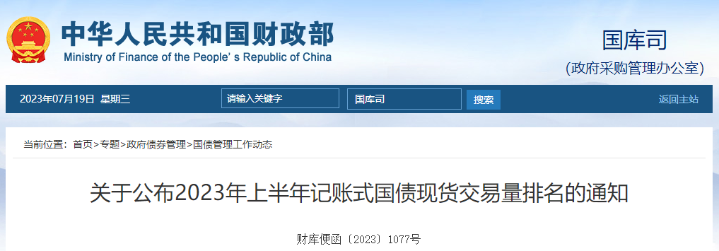 關(guān)于公布2023年上半年記賬式國(guó)債現(xiàn)貨交易量排名的通知