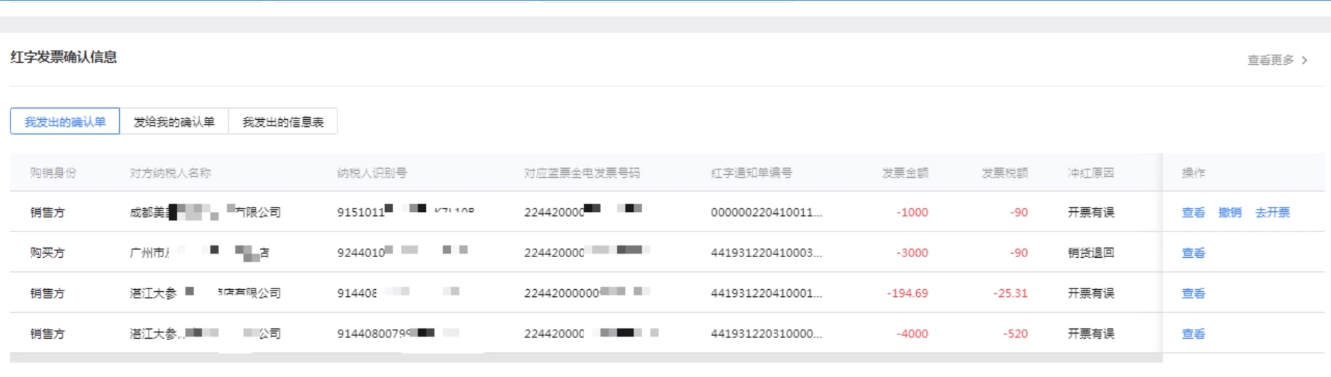 對(duì)方納稅人登錄后需在主頁面紅字發(fā)票開具初始化頁面，下拉查看紅字發(fā)票確認(rèn)信息。