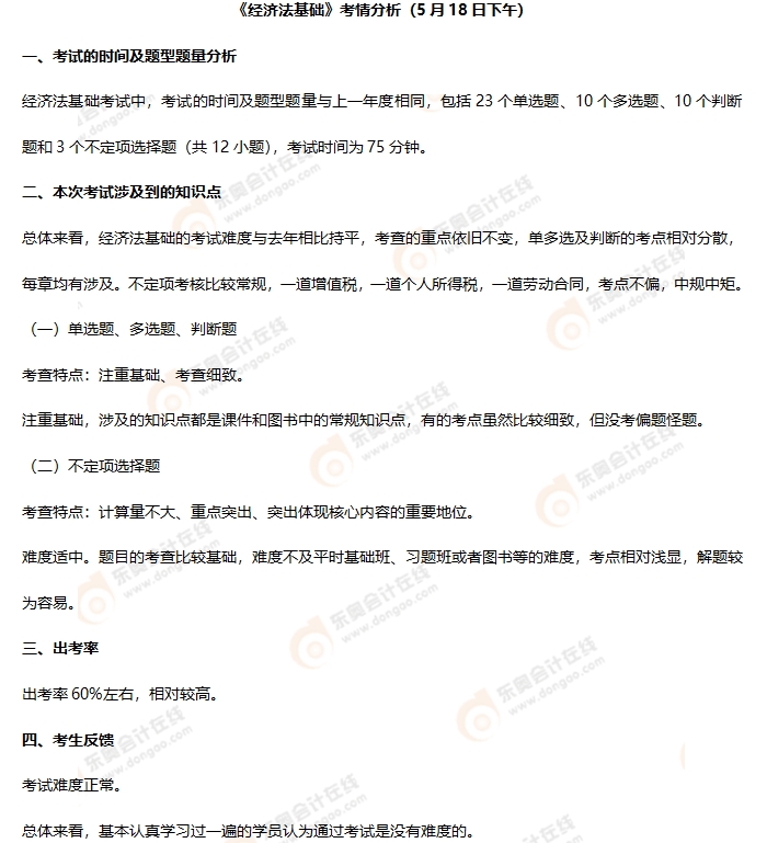 初級會計(jì)《經(jīng)濟(jì)法基礎(chǔ)》第二批次考情分析