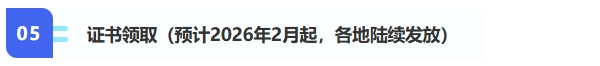 5、證書領(lǐng)?。A(yù)計(jì)2026年2月起，各地陸續(xù)發(fā)放）