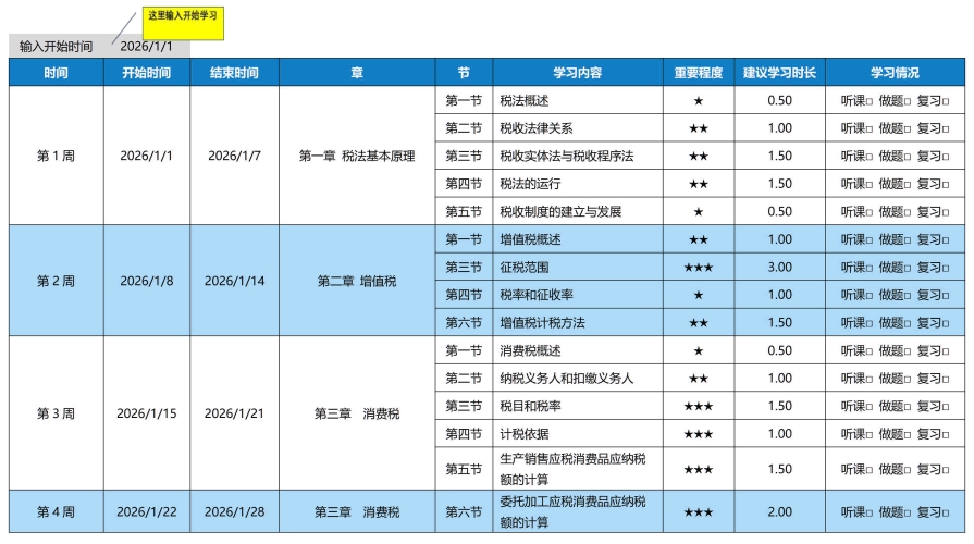 26年《稅法一》預(yù)習(xí)階段學(xué)習(xí)計劃